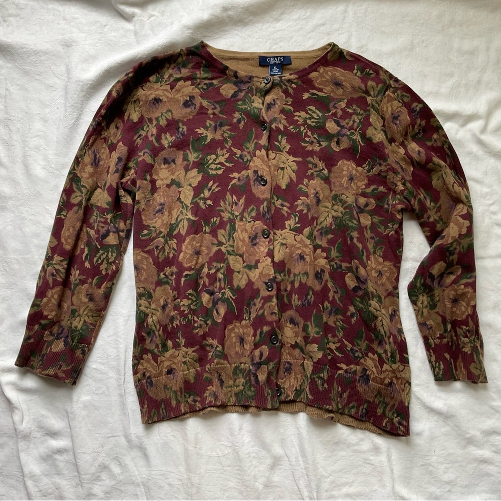 Chaps Burgundy and Cream Floral Cardigan Size US XL